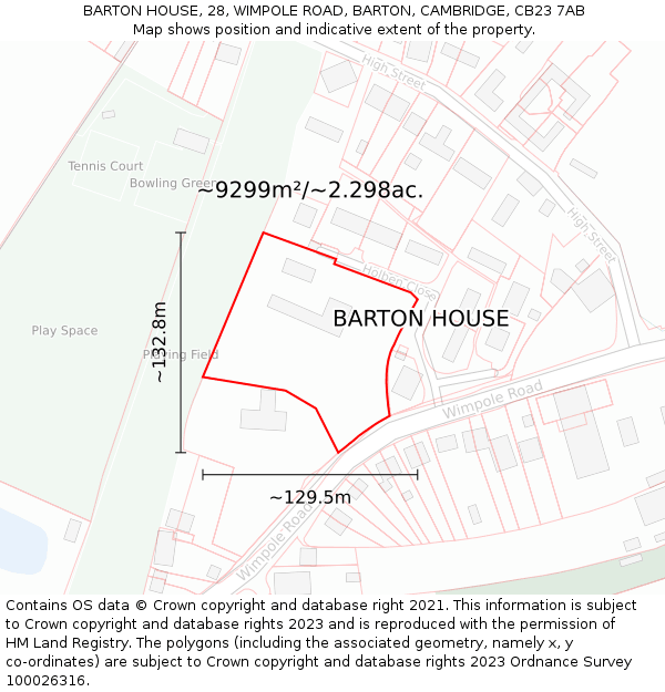 BARTON HOUSE, 28, WIMPOLE ROAD, BARTON, CAMBRIDGE, CB23 7AB: Plot and title map