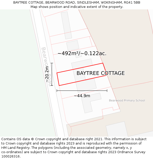 BAYTREE COTTAGE, BEARWOOD ROAD, SINDLESHAM, WOKINGHAM, RG41 5BB: Plot and title map