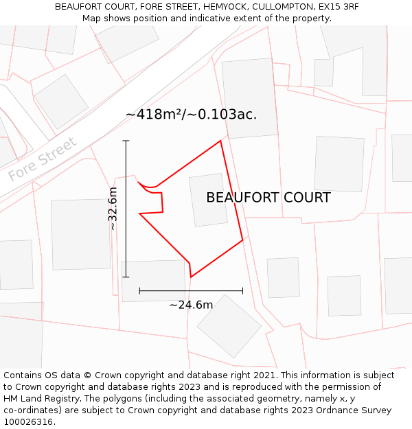 BEAUFORT COURT, FORE STREET, HEMYOCK, CULLOMPTON, EX15 3RF: Plot and title map