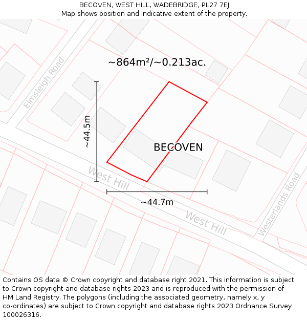 BECOVEN, WEST HILL, WADEBRIDGE, PL27 7EJ: Plot and title map