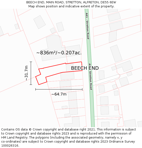 BEECH END, MAIN ROAD, STRETTON, ALFRETON, DE55 6EW: Plot and title map