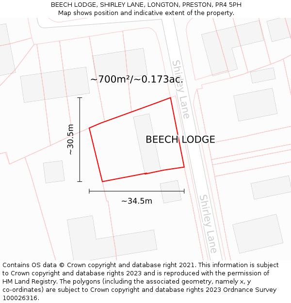 BEECH LODGE, SHIRLEY LANE, LONGTON, PRESTON, PR4 5PH: Plot and title map