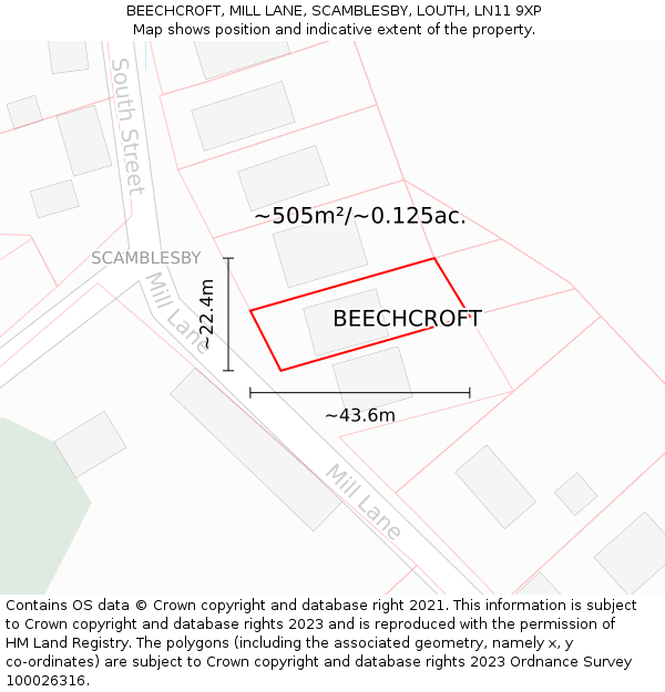 BEECHCROFT, MILL LANE, SCAMBLESBY, LOUTH, LN11 9XP: Plot and title map