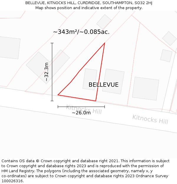 BELLEVUE, KITNOCKS HILL, CURDRIDGE, SOUTHAMPTON, SO32 2HJ: Plot and title map