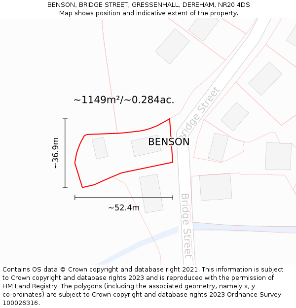 BENSON, BRIDGE STREET, GRESSENHALL, DEREHAM, NR20 4DS: Plot and title map