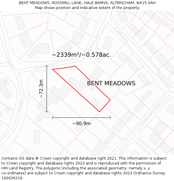 BENT MEADOWS, ROSSMILL LANE, HALE BARNS, ALTRINCHAM, WA15 0AH: Plot and title map