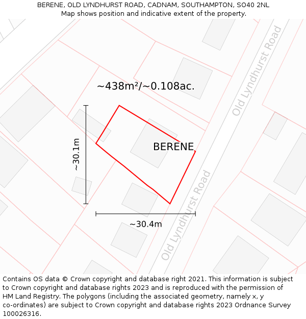 BERENE, OLD LYNDHURST ROAD, CADNAM, SOUTHAMPTON, SO40 2NL: Plot and title map