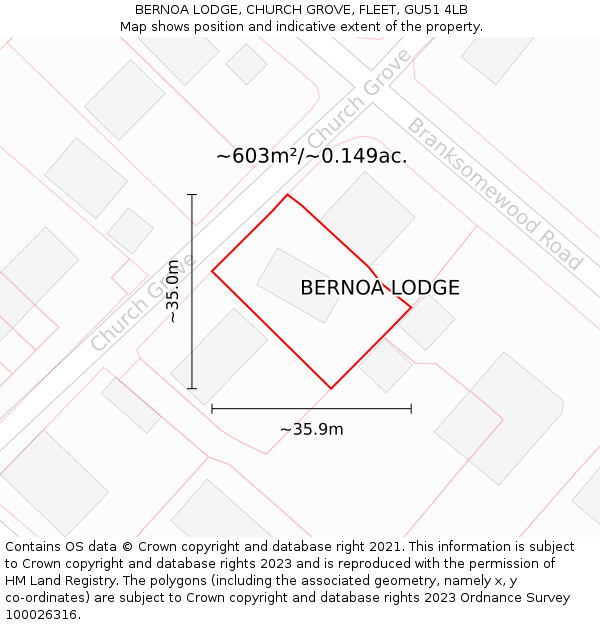 BERNOA LODGE, CHURCH GROVE, FLEET, GU51 4LB: Plot and title map