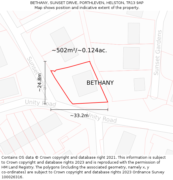 BETHANY, SUNSET DRIVE, PORTHLEVEN, HELSTON, TR13 9AP: Plot and title map