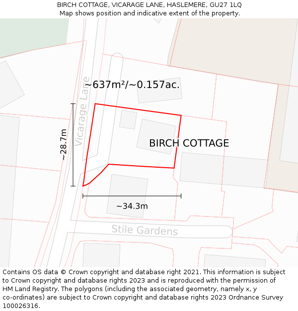 BIRCH COTTAGE, VICARAGE LANE, HASLEMERE, GU27 1LQ: Plot and title map