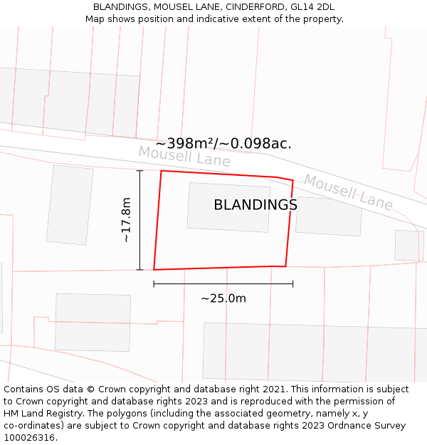 BLANDINGS, MOUSEL LANE, CINDERFORD, GL14 2DL: Plot and title map