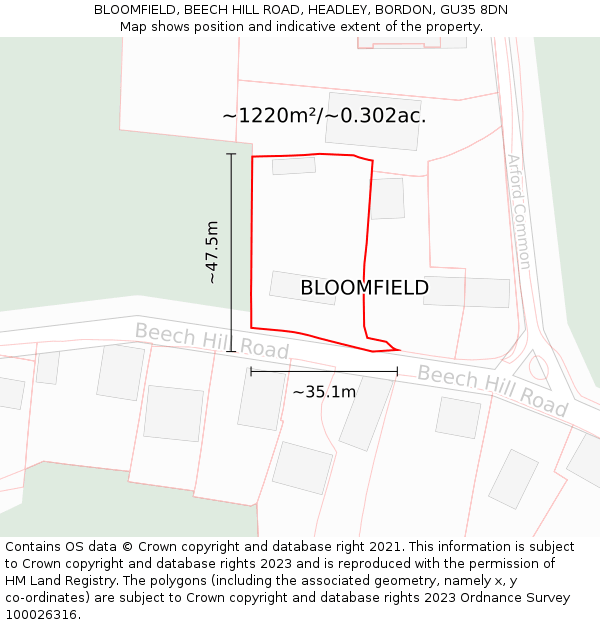 BLOOMFIELD, BEECH HILL ROAD, HEADLEY, BORDON, GU35 8DN: Plot and title map