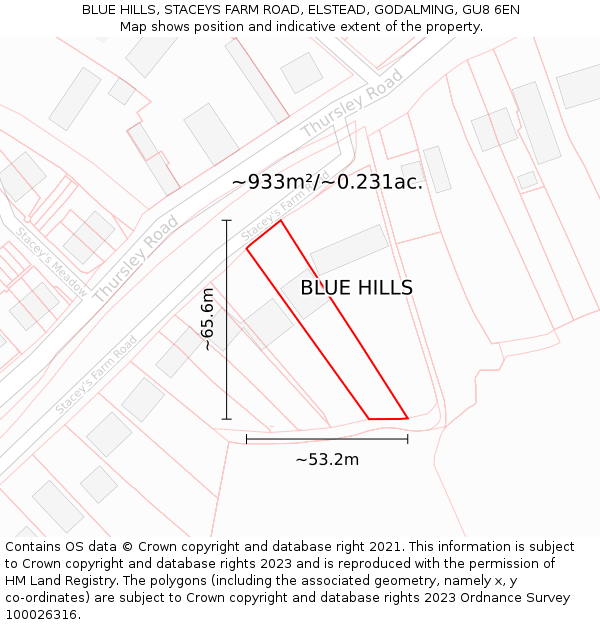 BLUE HILLS, STACEYS FARM ROAD, ELSTEAD, GODALMING, GU8 6EN: Plot and title map