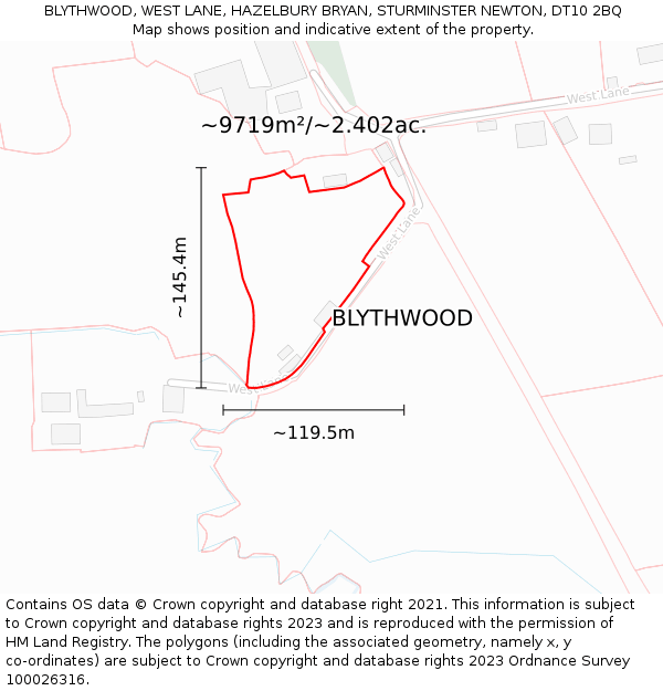 BLYTHWOOD, WEST LANE, HAZELBURY BRYAN, STURMINSTER NEWTON, DT10 2BQ: Plot and title map