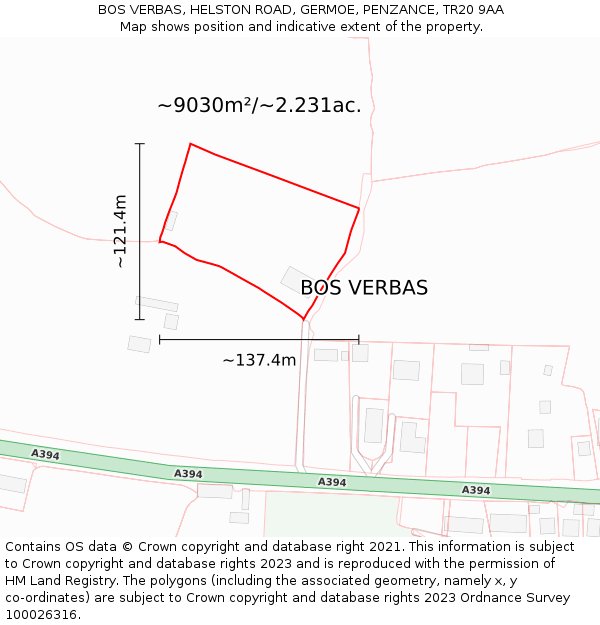 BOS VERBAS, HELSTON ROAD, GERMOE, PENZANCE, TR20 9AA: Plot and title map