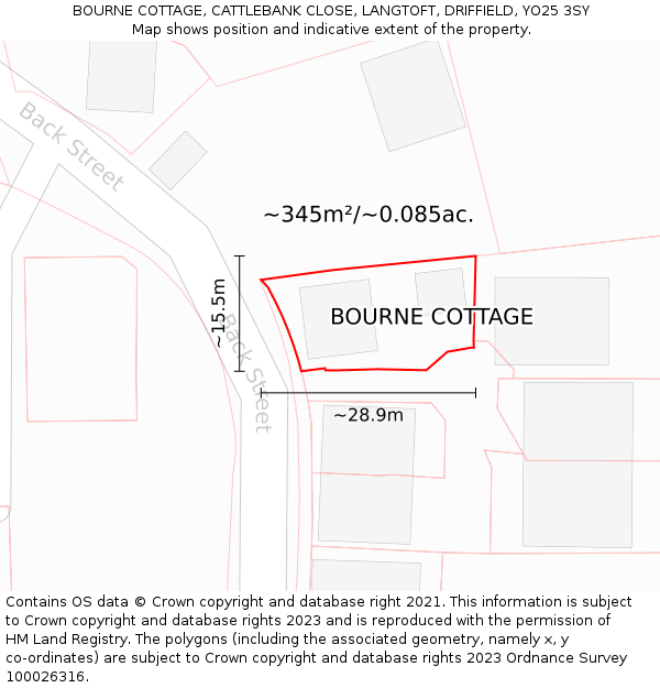 BOURNE COTTAGE, CATTLEBANK CLOSE, LANGTOFT, DRIFFIELD, YO25 3SY: Plot and title map