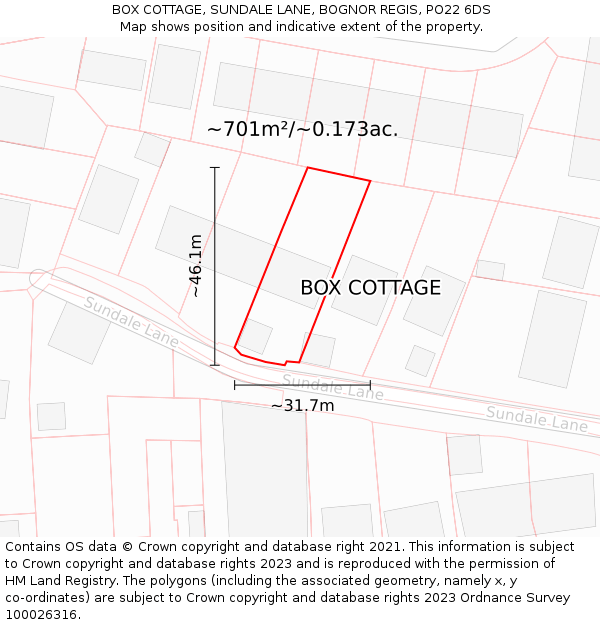 BOX COTTAGE, SUNDALE LANE, BOGNOR REGIS, PO22 6DS: Plot and title map