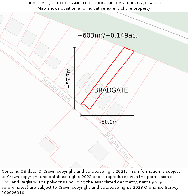 BRADGATE, SCHOOL LANE, BEKESBOURNE, CANTERBURY, CT4 5ER: Plot and title map