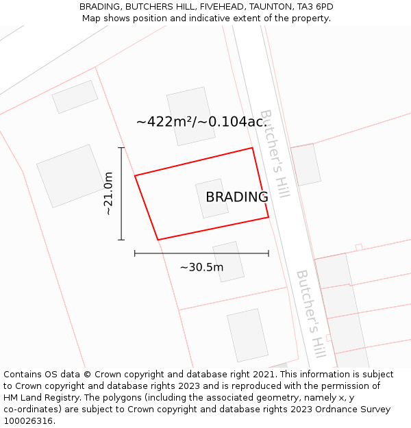 BRADING, BUTCHERS HILL, FIVEHEAD, TAUNTON, TA3 6PD: Plot and title map