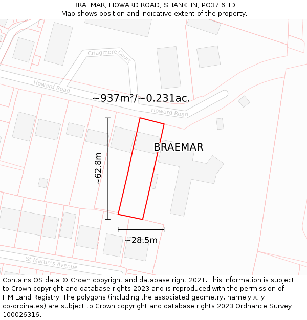 BRAEMAR, HOWARD ROAD, SHANKLIN, PO37 6HD: Plot and title map