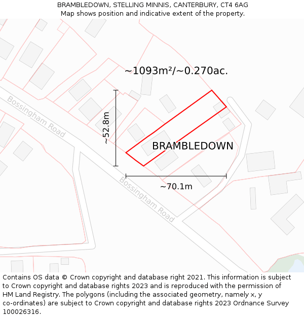 BRAMBLEDOWN, STELLING MINNIS, CANTERBURY, CT4 6AG: Plot and title map