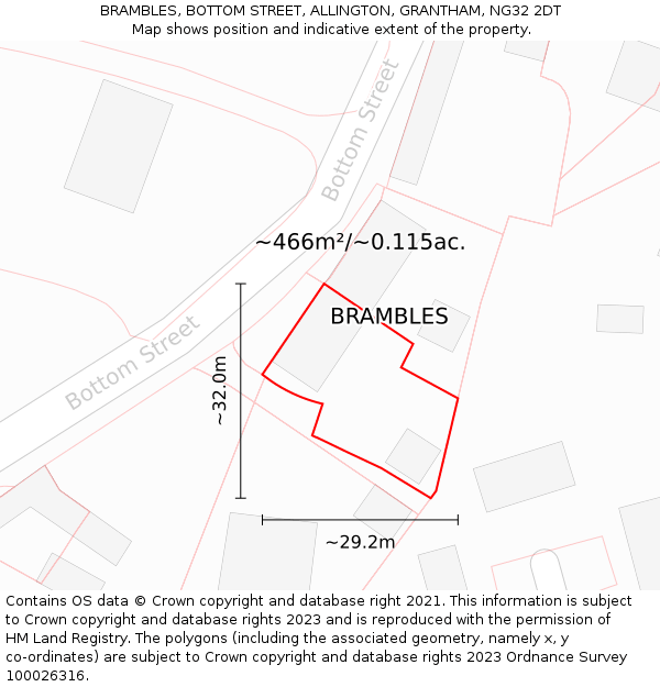 BRAMBLES, BOTTOM STREET, ALLINGTON, GRANTHAM, NG32 2DT: Plot and title map