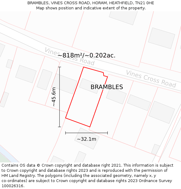 BRAMBLES, VINES CROSS ROAD, HORAM, HEATHFIELD, TN21 0HE: Plot and title map