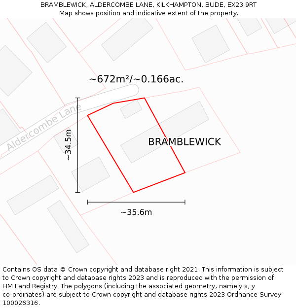 BRAMBLEWICK, ALDERCOMBE LANE, KILKHAMPTON, BUDE, EX23 9RT: Plot and title map