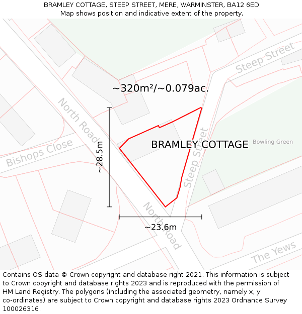 BRAMLEY COTTAGE, STEEP STREET, MERE, WARMINSTER, BA12 6ED: Plot and title map