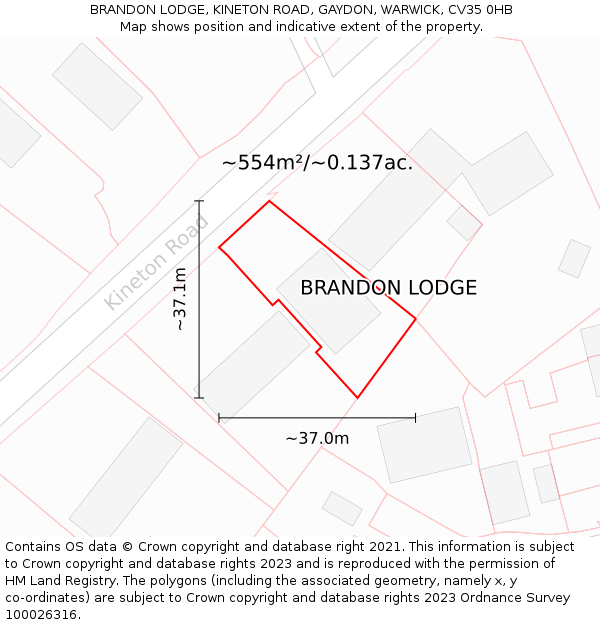 BRANDON LODGE, KINETON ROAD, GAYDON, WARWICK, CV35 0HB: Plot and title map