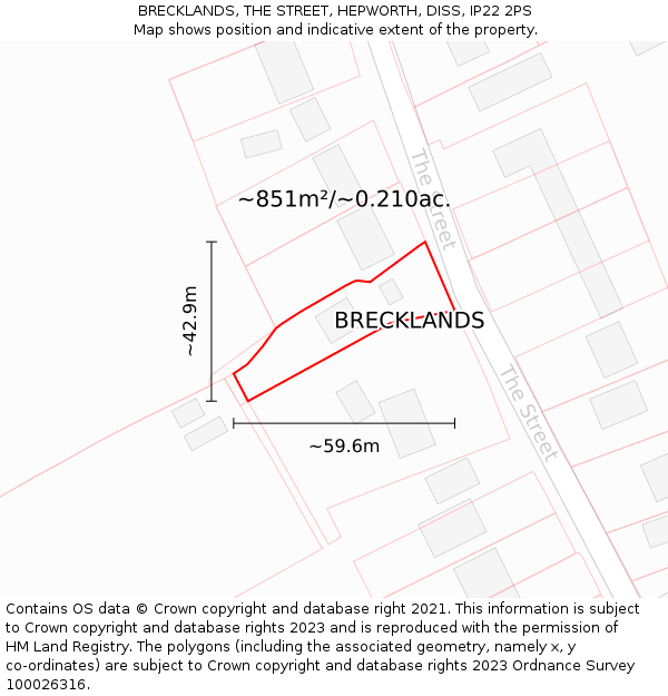 BRECKLANDS, THE STREET, HEPWORTH, DISS, IP22 2PS: Plot and title map