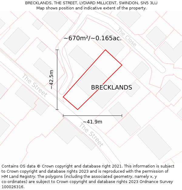 BRECKLANDS, THE STREET, LYDIARD MILLICENT, SWINDON, SN5 3LU: Plot and title map