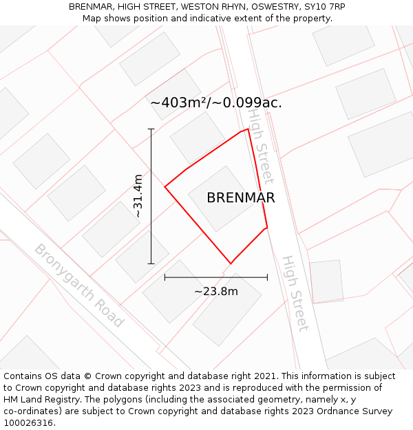 BRENMAR, HIGH STREET, WESTON RHYN, OSWESTRY, SY10 7RP: Plot and title map