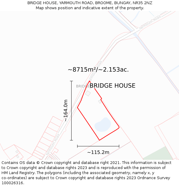 BRIDGE HOUSE, YARMOUTH ROAD, BROOME, BUNGAY, NR35 2NZ: Plot and title map