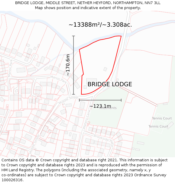 BRIDGE LODGE, MIDDLE STREET, NETHER HEYFORD, NORTHAMPTON, NN7 3LL: Plot and title map