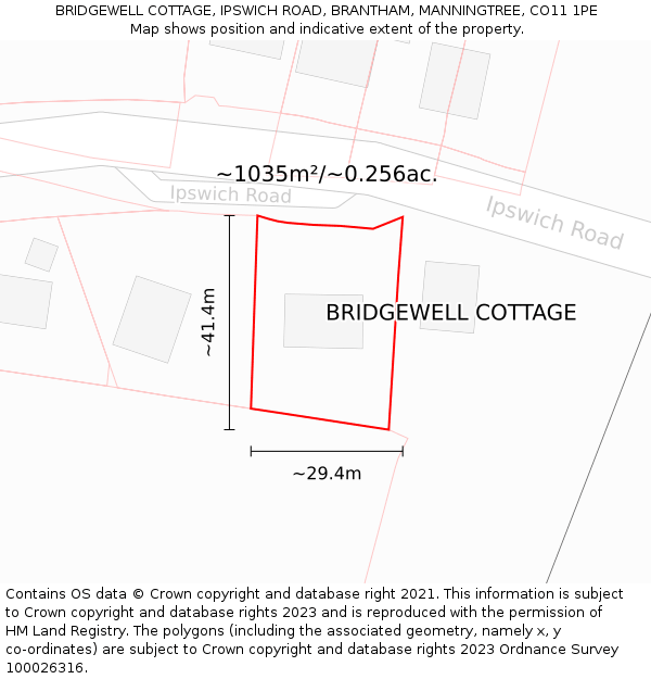 BRIDGEWELL COTTAGE, IPSWICH ROAD, BRANTHAM, MANNINGTREE, CO11 1PE: Plot and title map