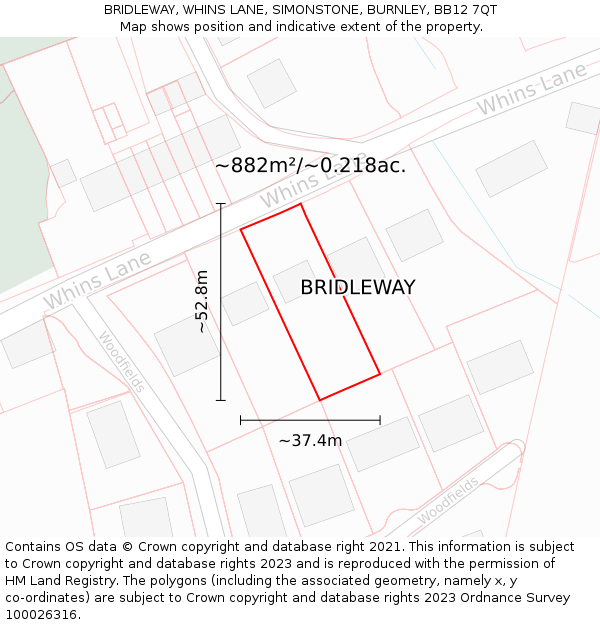 BRIDLEWAY, WHINS LANE, SIMONSTONE, BURNLEY, BB12 7QT: Plot and title map