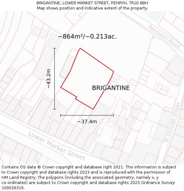 BRIGANTINE, LOWER MARKET STREET, PENRYN, TR10 8BH: Plot and title map