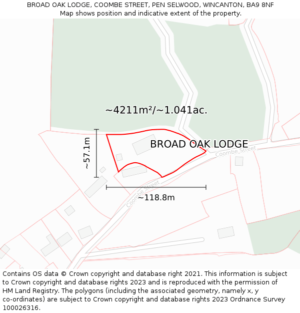 BROAD OAK LODGE, COOMBE STREET, PEN SELWOOD, WINCANTON, BA9 8NF: Plot and title map