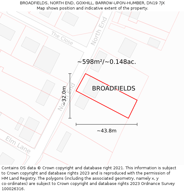 BROADFIELDS, NORTH END, GOXHILL, BARROW-UPON-HUMBER, DN19 7JX: Plot and title map