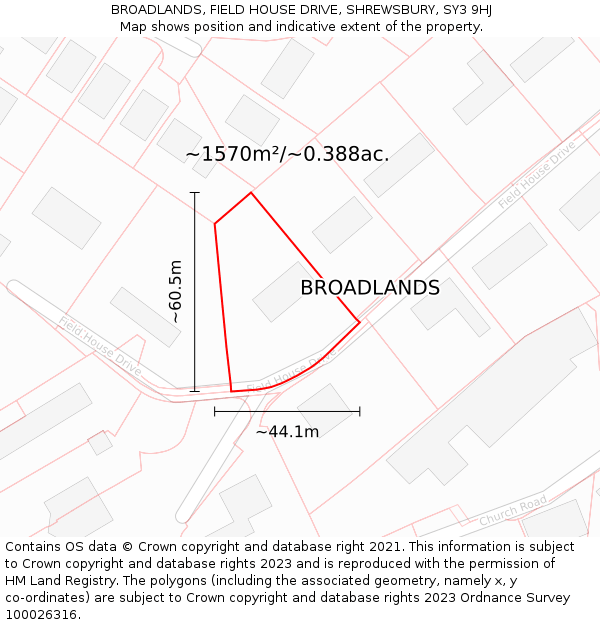 BROADLANDS, FIELD HOUSE DRIVE, SHREWSBURY, SY3 9HJ: Plot and title map