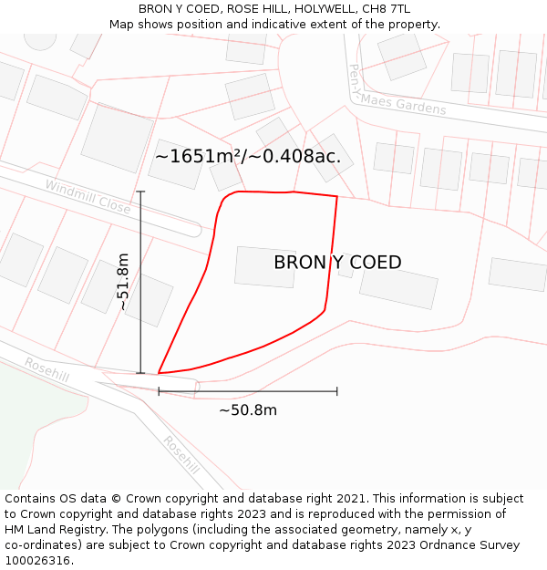 BRON Y COED, ROSE HILL, HOLYWELL, CH8 7TL: Plot and title map