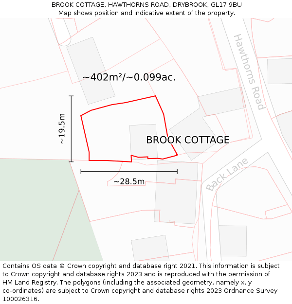 BROOK COTTAGE, HAWTHORNS ROAD, DRYBROOK, GL17 9BU: Plot and title map