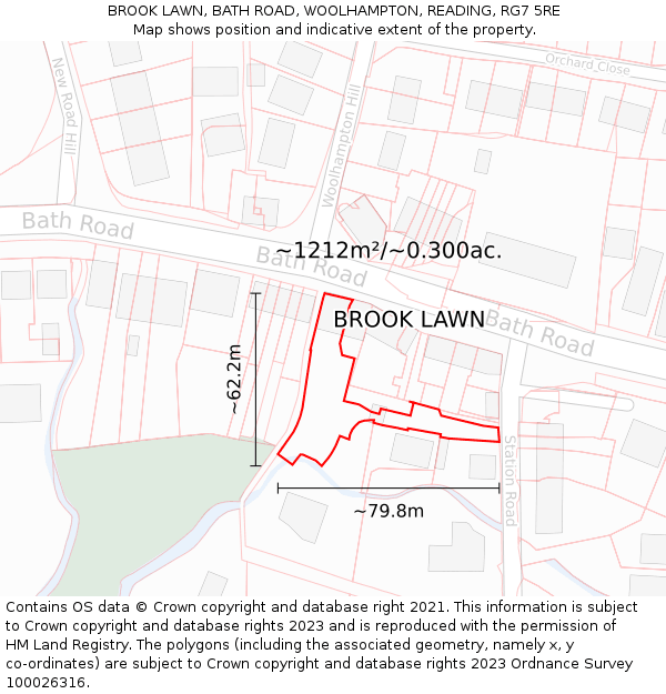 BROOK LAWN, BATH ROAD, WOOLHAMPTON, READING, RG7 5RE: Plot and title map
