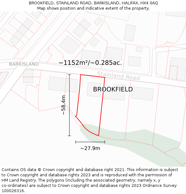 BROOKFIELD, STAINLAND ROAD, BARKISLAND, HALIFAX, HX4 0AQ: Plot and title map