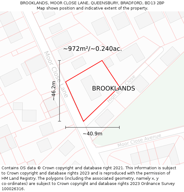 BROOKLANDS, MOOR CLOSE LANE, QUEENSBURY, BRADFORD, BD13 2BP: Plot and title map