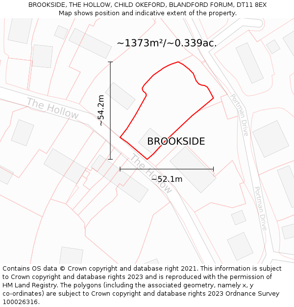 BROOKSIDE, THE HOLLOW, CHILD OKEFORD, BLANDFORD FORUM, DT11 8EX: Plot and title map