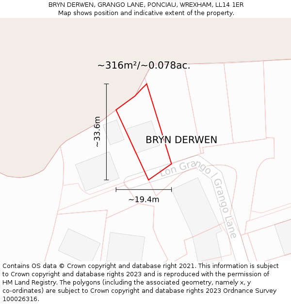 BRYN DERWEN, GRANGO LANE, PONCIAU, WREXHAM, LL14 1ER: Plot and title map