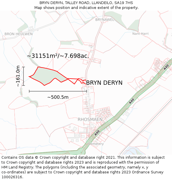 BRYN DERYN, TALLEY ROAD, LLANDEILO, SA19 7HS: Plot and title map