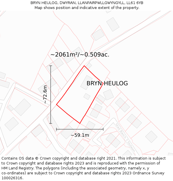 BRYN HEULOG, DWYRAN, LLANFAIRPWLLGWYNGYLL, LL61 6YB: Plot and title map